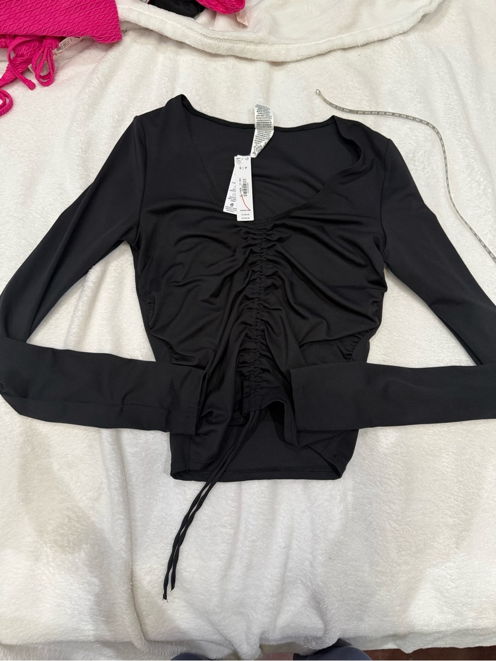 PINK Victoria's Secret Black Ruched Front Long Sleeve Top Small